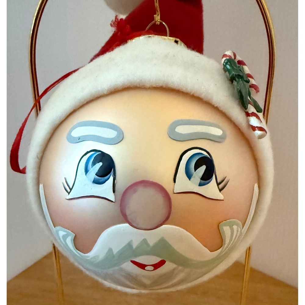 Christmas Ornament Red Hand Painted Santa Head Glass Fabric Candy Cane Vintage